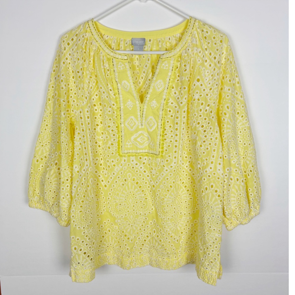 Chico’s Top Women’s Size 3 16/18 Yellow White Embroidered Eyelet Beaded Sequin